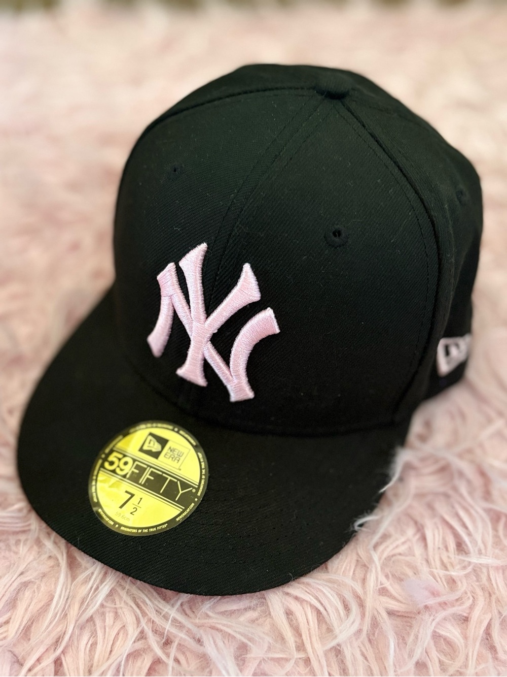 New Era Fitted Black Cap with Pink NY Logo